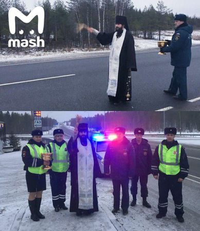 Нет, этот батюшка не нарушил ПДД. Отец Мануил только что совершил окропление самых опасных участков трассы Санкт-Петербург — Мурманск. Теперь аварийность понизится, осознанность водил повысится, и разбиваться никто не будет.