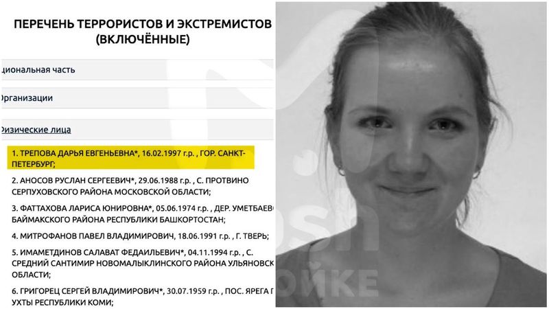 Подозреваемую в совершении теракта Дарью Трепову включили в перечень террористов и экстремистов