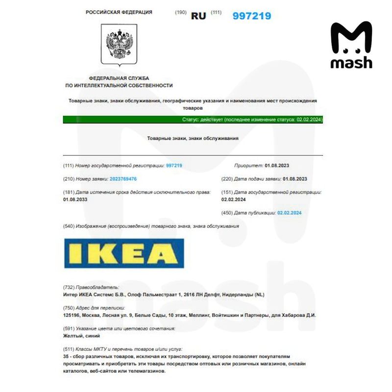 Ушедшая из России "Икеа" продлила до лета 2033 года право на товарный знак