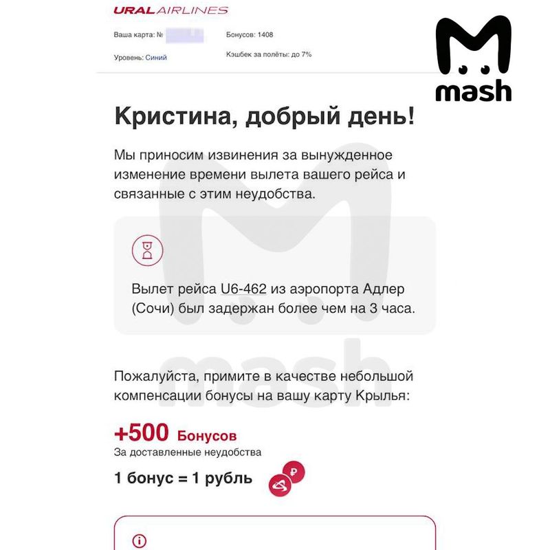 "Уральские авиалинии" предложили пассажирам компенсацию в 500 бонусных рублей