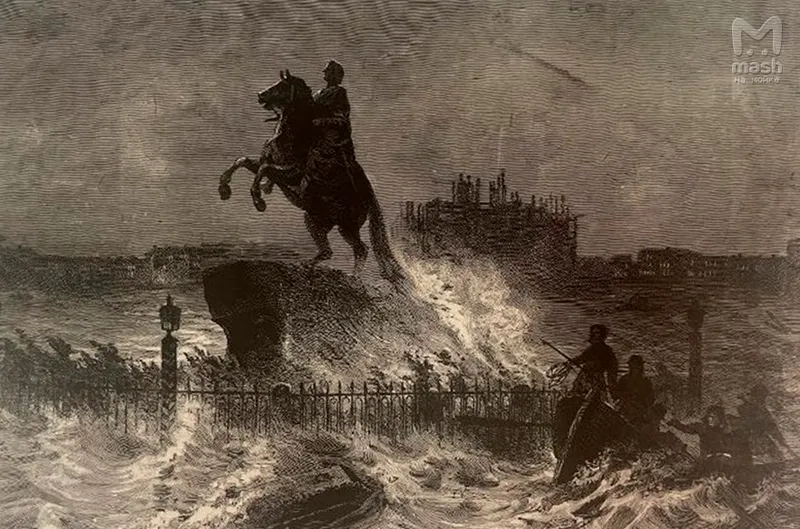 Медный всадник во время наводнения.